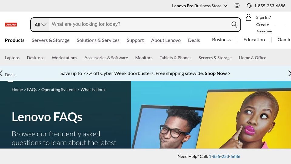 Screenshot of lenovo.com: Lenovo FAQs: Lear What Is Linux and Why It's Popular