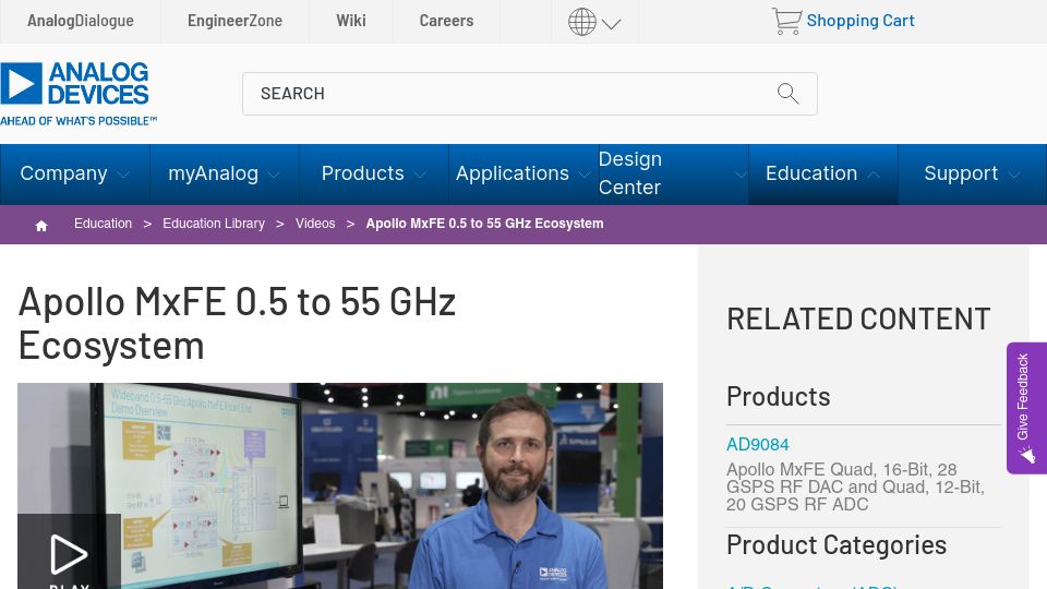 Screenshot of analog.com: Analog Devices Apollo MxFE 0.5 to 55 GHz Ecosystem