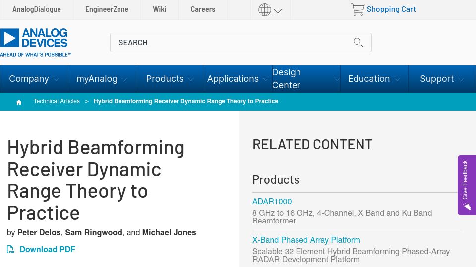 Screenshot of analog.com: Hybrid beamforming receiver dynamic range theory to practice