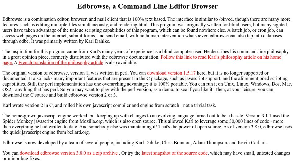 Screenshot of edbrowse.org: Edbrowse, a Command Line Editor Browser