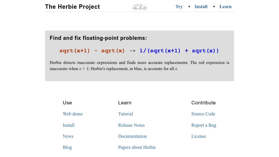 Screenshot of herbie.uwplse.org: Herbie: Find and fix floating-point accuracy problems