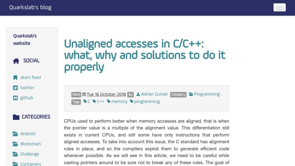 Screenshot of blog.quarkslab.com: Unaligned accesses in C/C++: what, why and solutions to do it properly