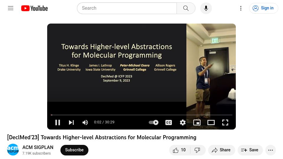 Screenshot of youtube.com: Towards Higher-Level Abstractions for Molecular Programming [video]