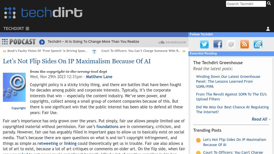 Screenshot of techdirt.com: Let's Not Flip Sides on IP Maximalism Because of AI