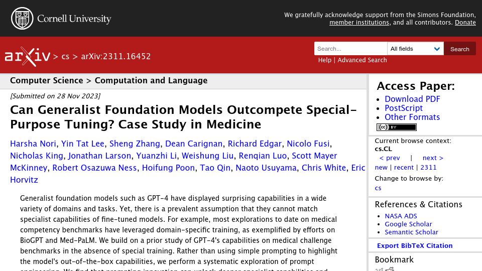 Screenshot of arxiv.org: Can generalist foundation models beat special-purpose tuning?