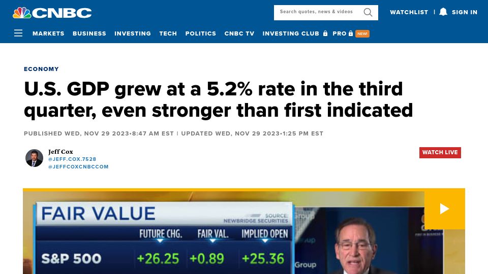 Screenshot of cnbc.com: U.S. GDP Grew at a 5.2% Rate in the Third Quarter, Even Stronger Than Indicated
