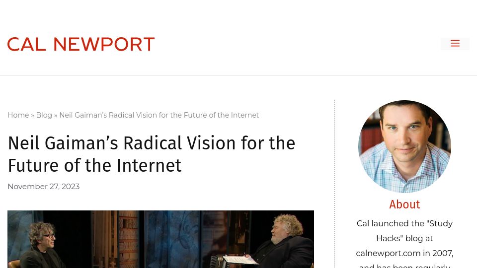 Screenshot of calnewport.com: Neil Gaiman on the future of the internet