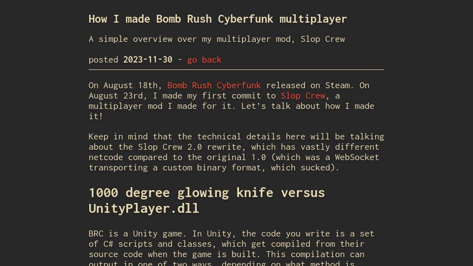 Screenshot of notnite.com: How I made Bomb Rush Cyberfunk multiplayer
