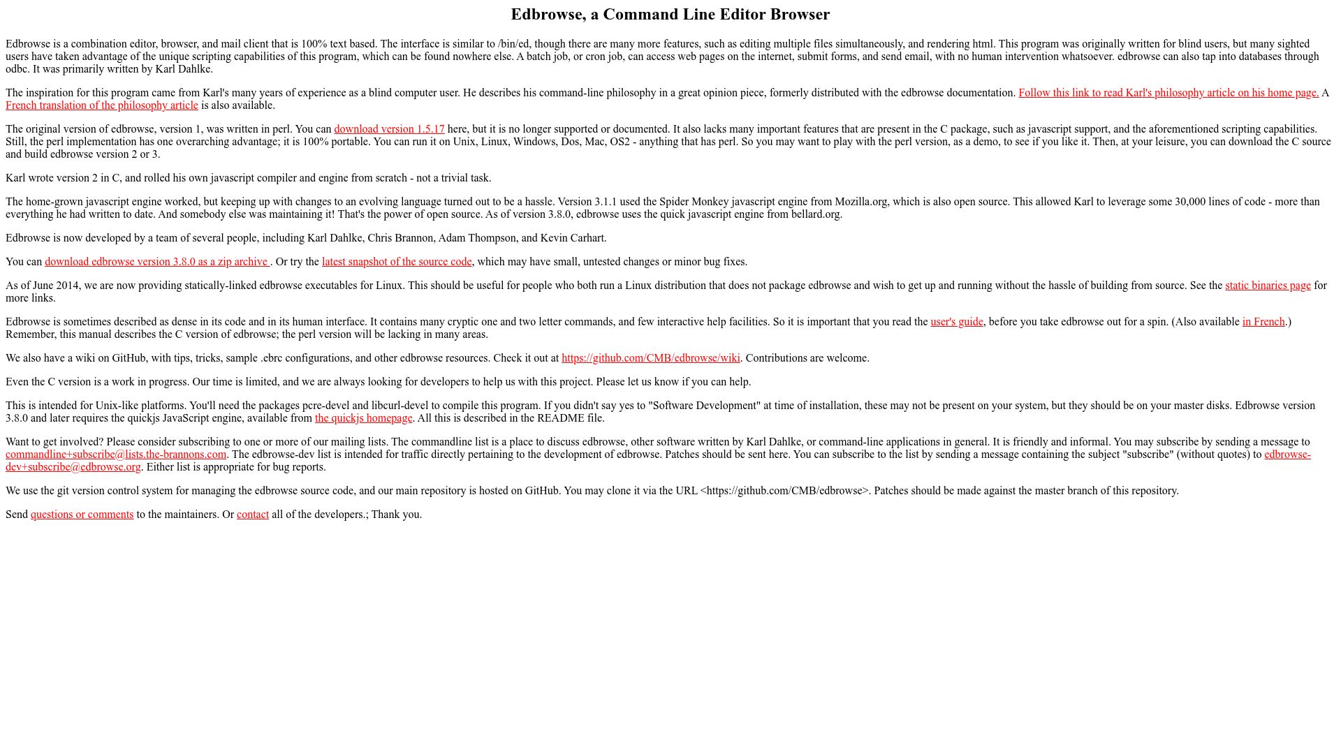 Screenshot of edbrowse.org: Edbrowse, a Command Line Editor Browser