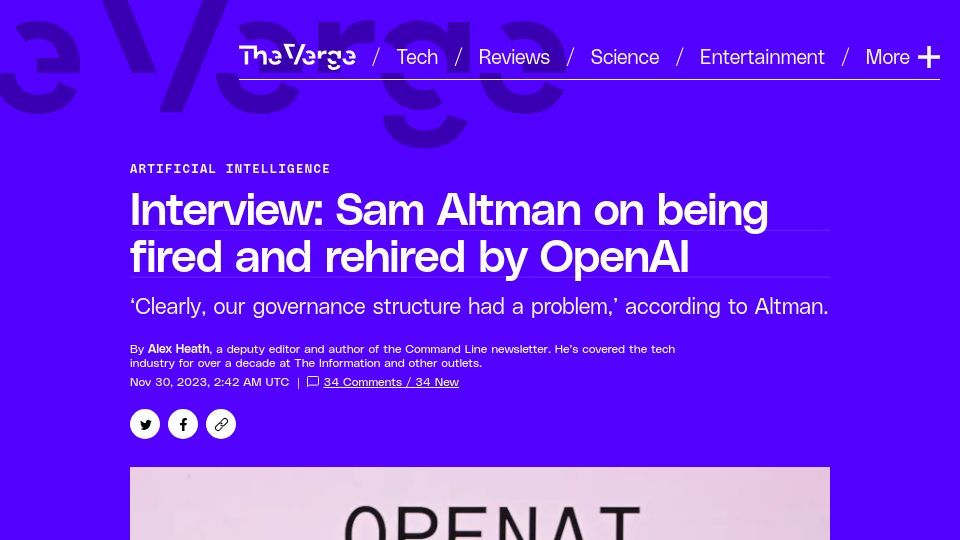 Screenshot of theverge.com: Interview: Sam Altman on Being Fired and Rehired by OpenAI