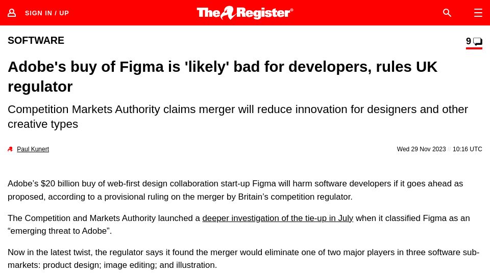 Screenshot of theregister.com: Adobe's buy of Figma is 'likely' bad for developers, rules UK regulator