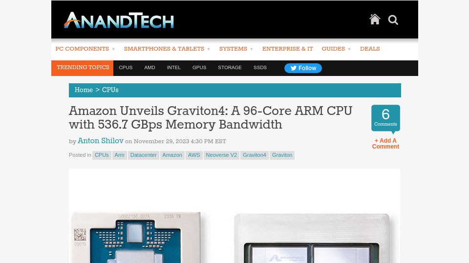 Screenshot of anandtech.com: Amazon Unveils Graviton4: A 96-Core ARM CPU with 536.7 GBps Memory Bandwidth