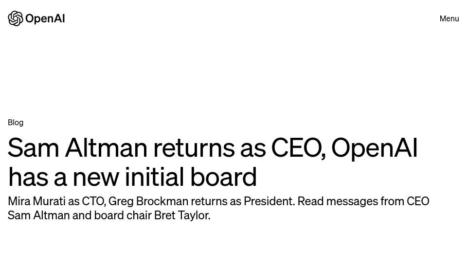 Screenshot of openai.com: Sam Altman returns as CEO, OpenAI has a new initial board