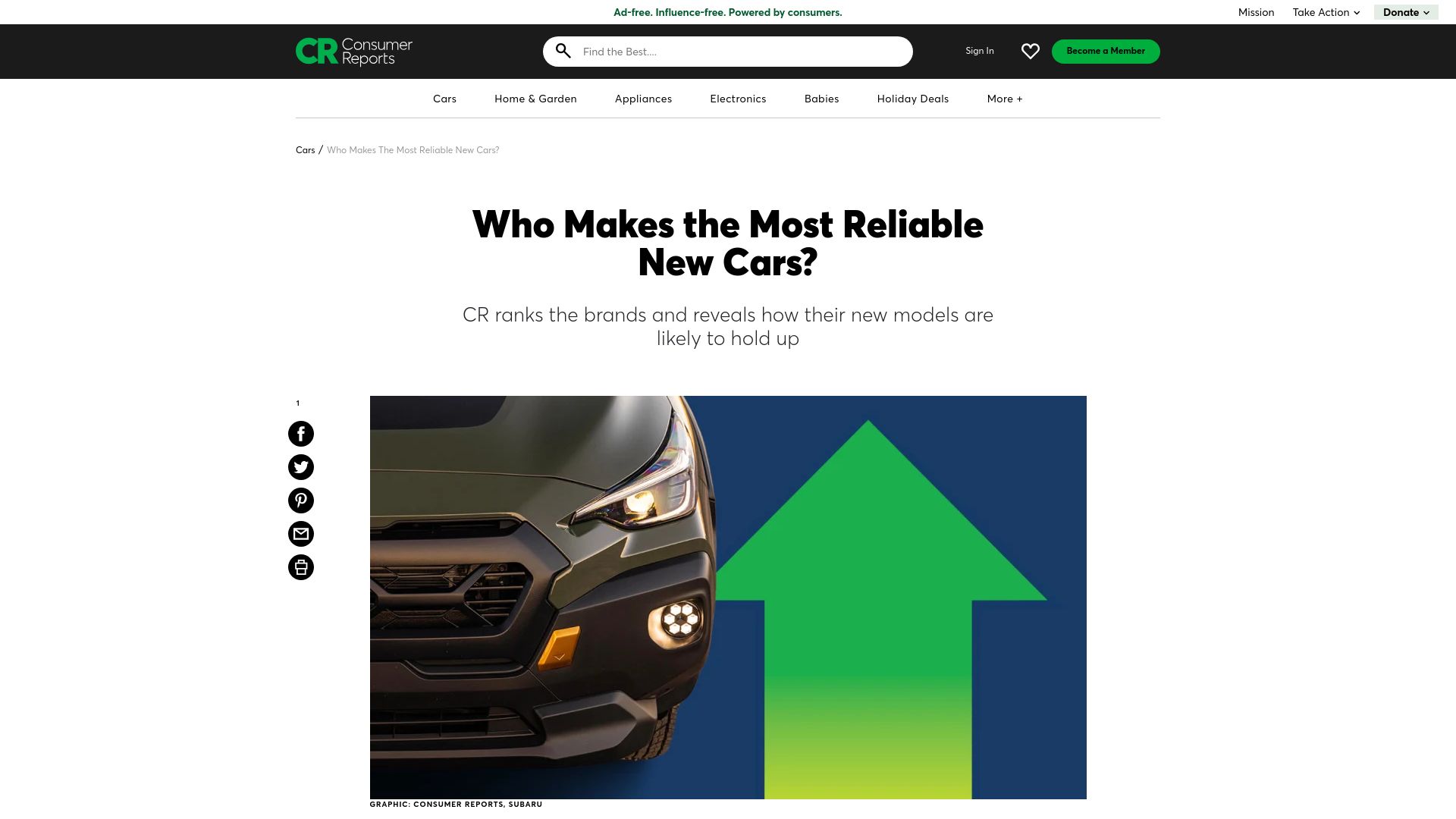 Screenshot of consumerreports.org: Who makes the most reliable new cars?