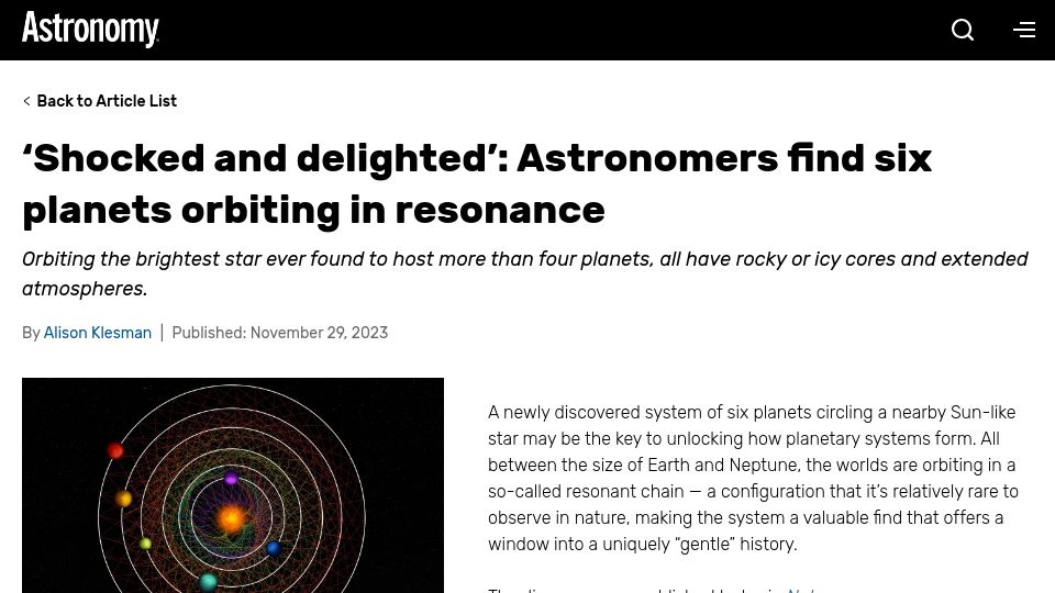 Screenshot of astronomy.com: Astronomers find six planets orbiting in resonance
