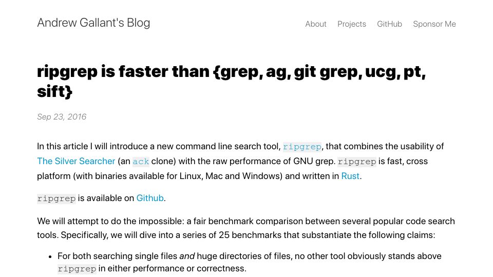 Screenshot of blog.burntsushi.net: Ripgrep is faster than grep, ag, Git grep, ucg, pt, sift (2016)