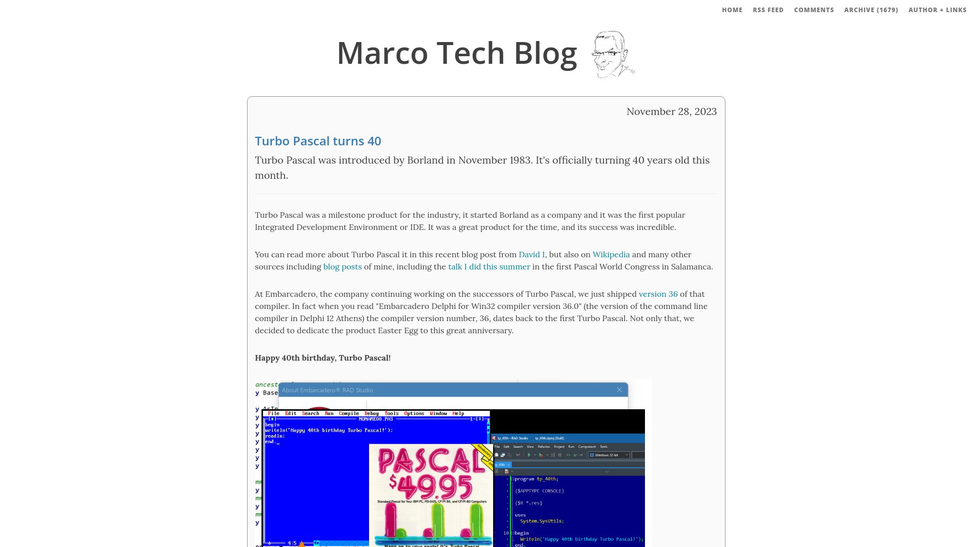 Screenshot of blog.marcocantu.com: Turbo Pascal Turns 40