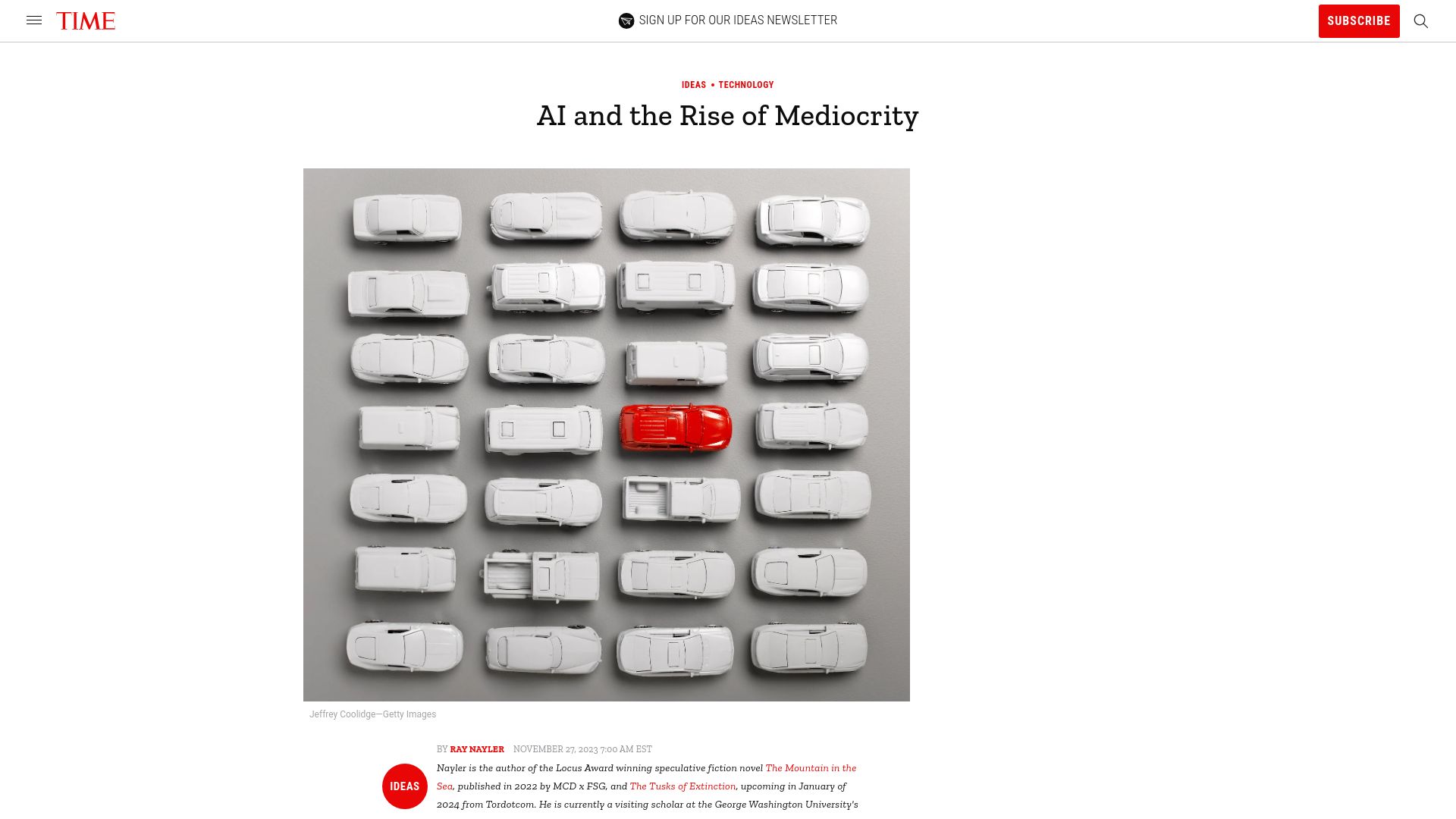 Screenshot of time.com: AI and the Rise of Mediocrity