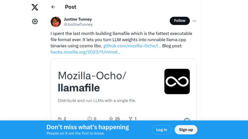 Screenshot of twitter.com: Justine creates llamafile. Cross platform single binary for any LLM weights