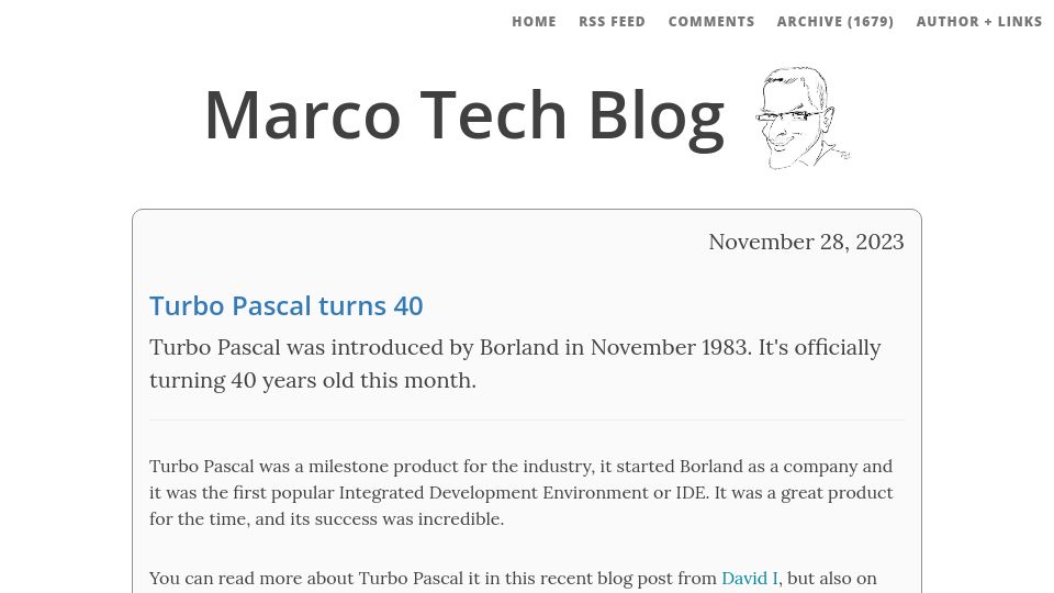 Screenshot of blog.marcocantu.com: Turbo Pascal Turns 40