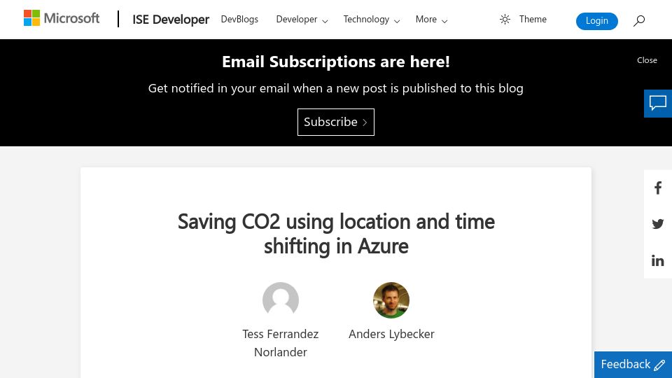 Screenshot of devblogs.microsoft.com: Saving CO2 using location and time shifting in Azure