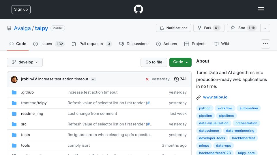 Screenshot of github.com: Show HN: Taipy – Turns Data and AI algorithms into full web applications