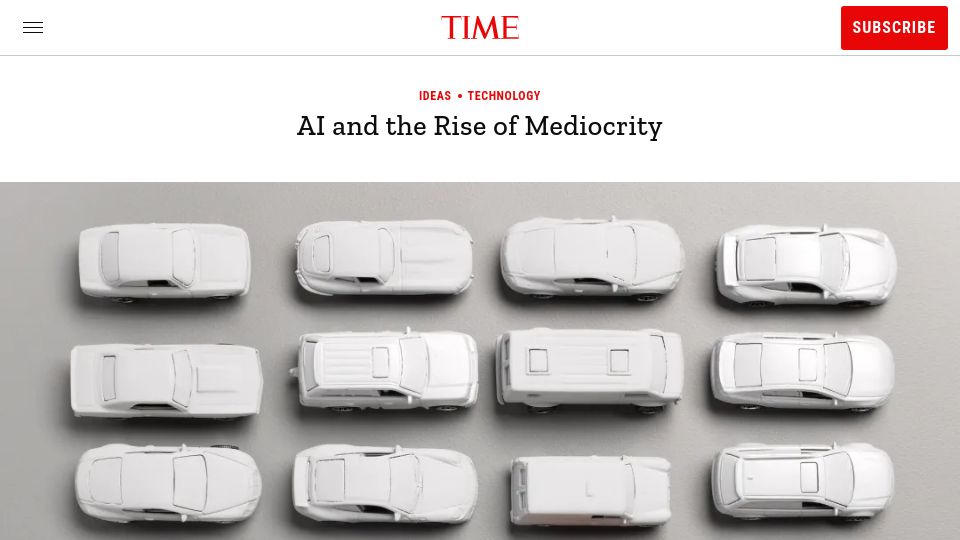 Screenshot of time.com: AI and the Rise of Mediocrity