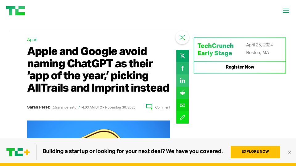 Screenshot of techcrunch.com: Apple and Google avoid naming ChatGPT as their 'app of the year'