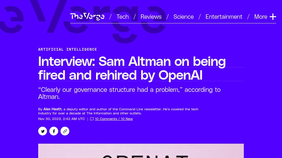 Screenshot of theverge.com: Interview: Sam Altman on being fired and rehired by OpenAI