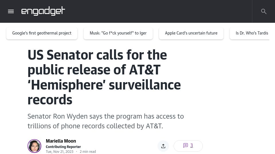 Screenshot of engadget.com: Senator calls for the public release of AT&T 'Hemisphere' surveillance records