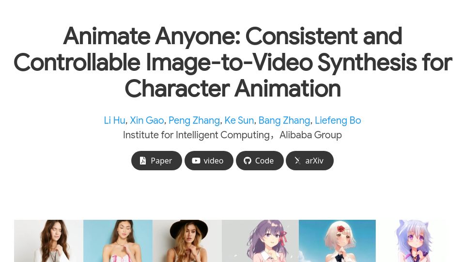 Screenshot of humanaigc.github.io: Animate Anyone: Image-to-video synthesis for character animation