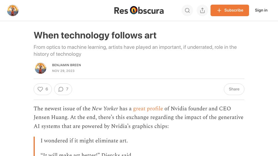 Screenshot of resobscura.substack.com: When Technology Follows Art