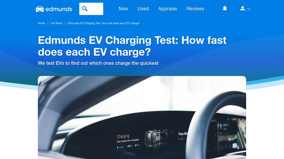 Screenshot of edmunds.com: Edmunds EV Charging Test: How fast does each EV charge?