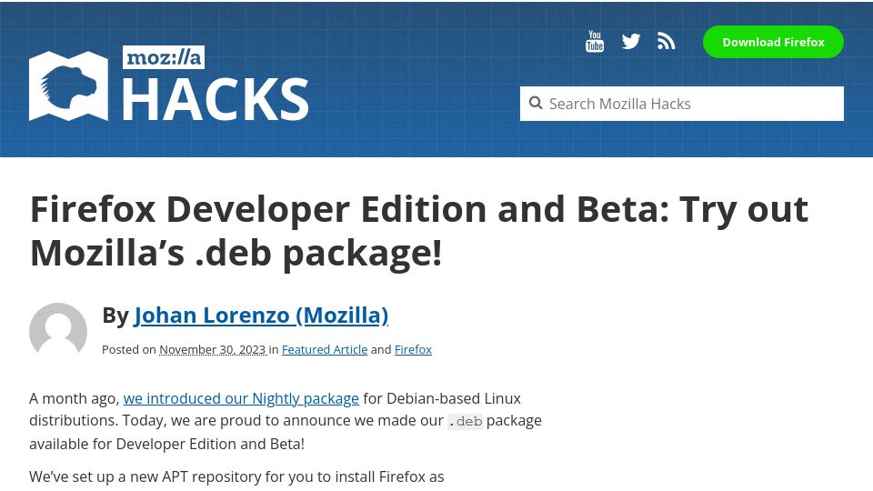 Screenshot of hacks.mozilla.org: Firefox Developer Edition and Beta: Try Out Mozilla's .deb Package