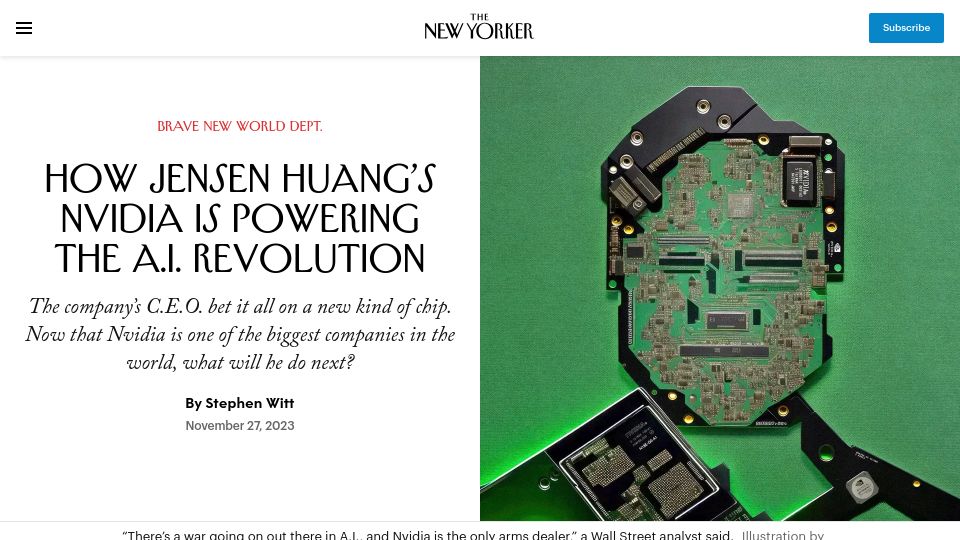 Screenshot of newyorker.com: How Jensen Huang's Nvidia is powering the A.I. revolution