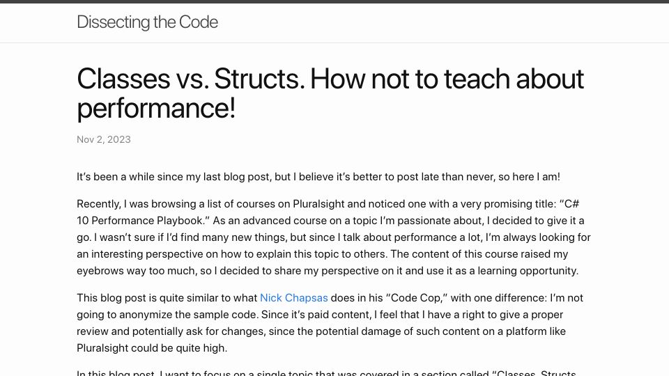 Screenshot of sergeyteplyakov.github.io: Classes vs. structs in .NET: how not to teach about performance