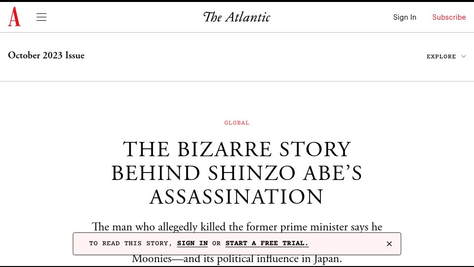 Screenshot of theatlantic.com: Shinzo Abe's Assassination
