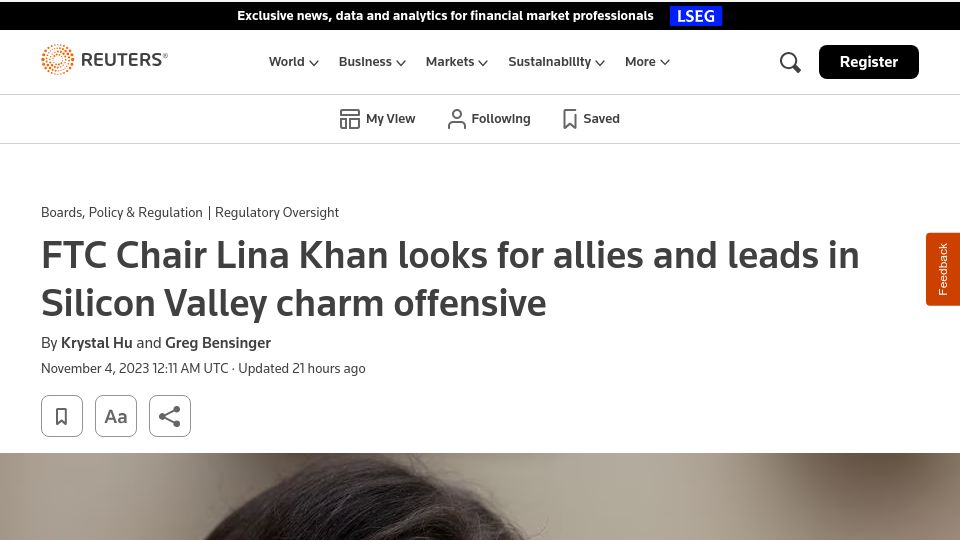 Screenshot of reuters.com: FTC Chair Lina Khan looks for allies and leads in Silicon Valley charm offensive