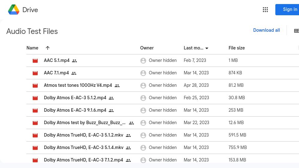 Screenshot of drive.google.com: Surround sound test files for every audio format