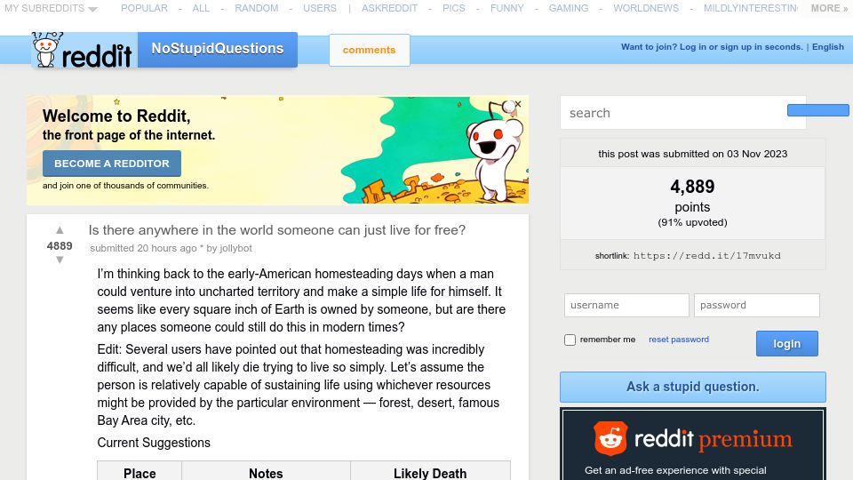 Screenshot of reddit.com: Is there anywhere in the world someone can just live for free?