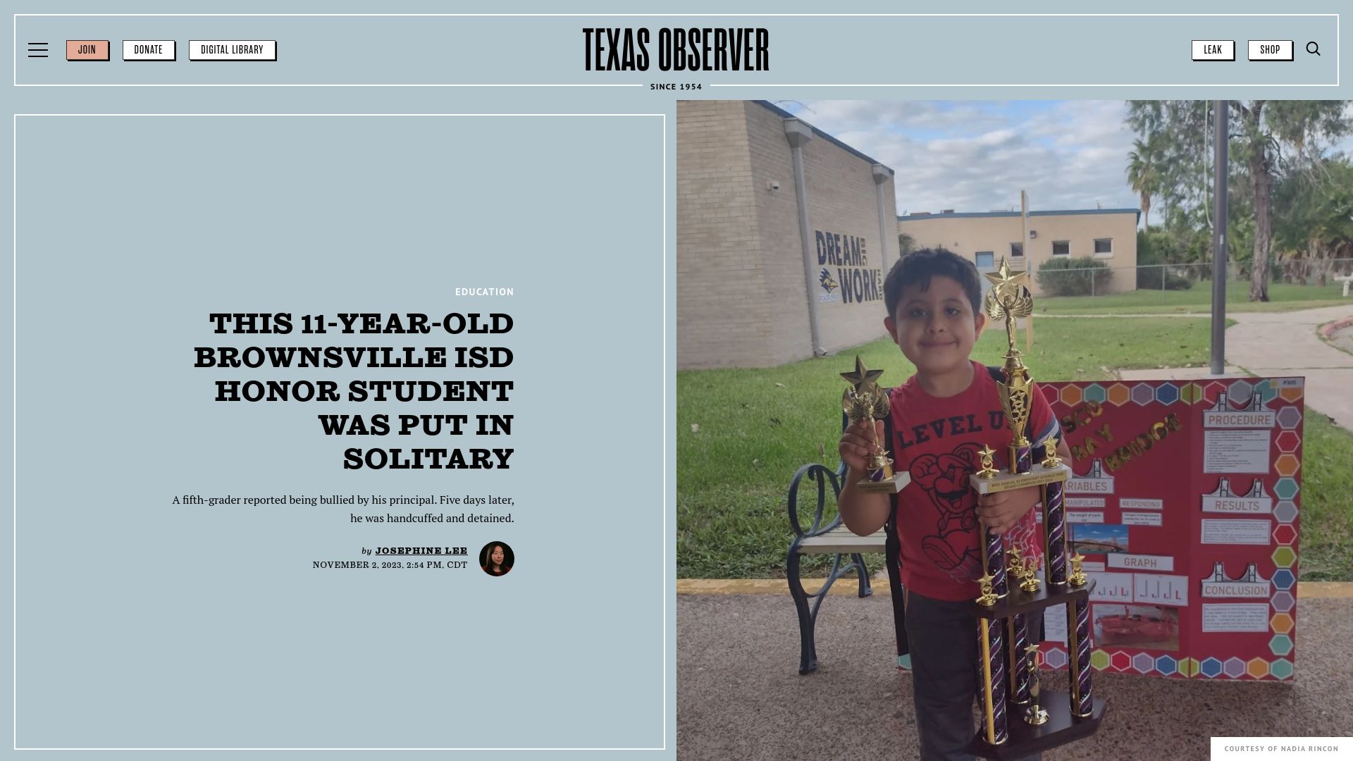 Screenshot of texasobserver.org: Eleven year old honor roll student put in solitary