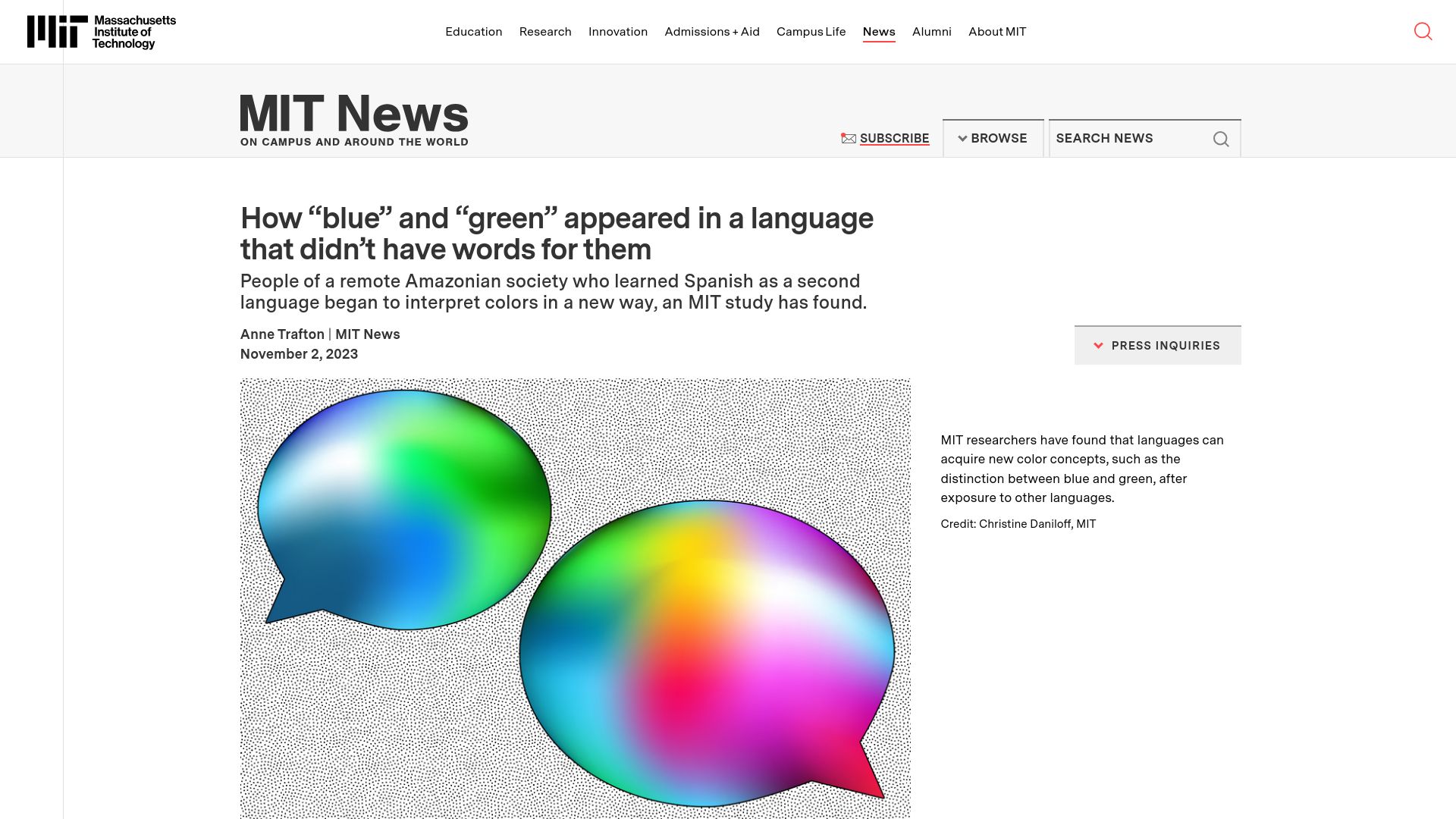 Screenshot of news.mit.edu: How “blue” and “green” appeared in a language that didn’t have words for them