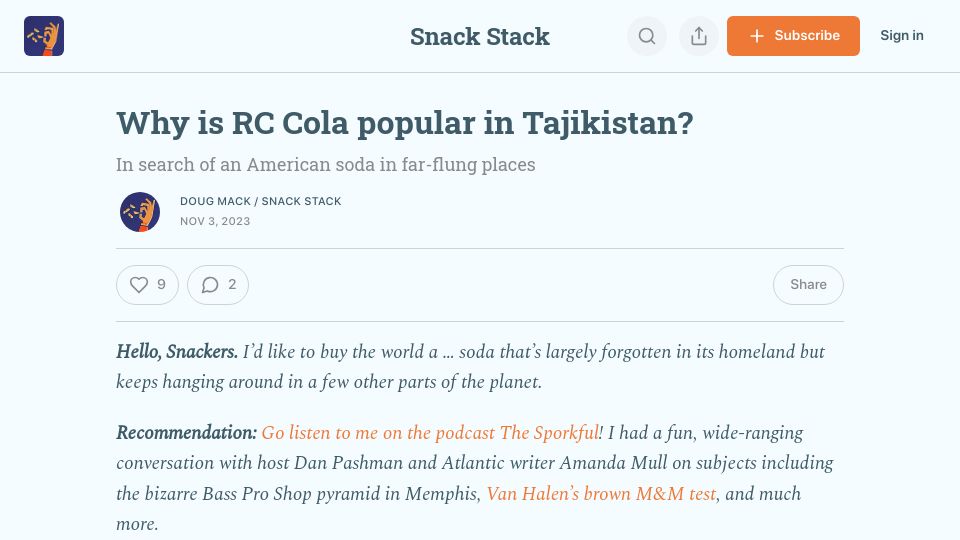 Screenshot of snackstack.net: Why is RC Cola popular in Tajikistan?