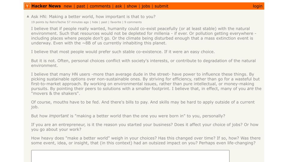 Screenshot of Hacker News post: Ask HN: Making a better world, how important is that to you?