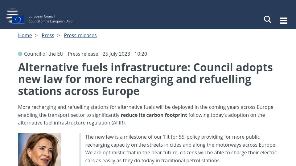Screenshot of consilium.europa.eu: Council adopts new law for more recharging and refuelling stations across Europe