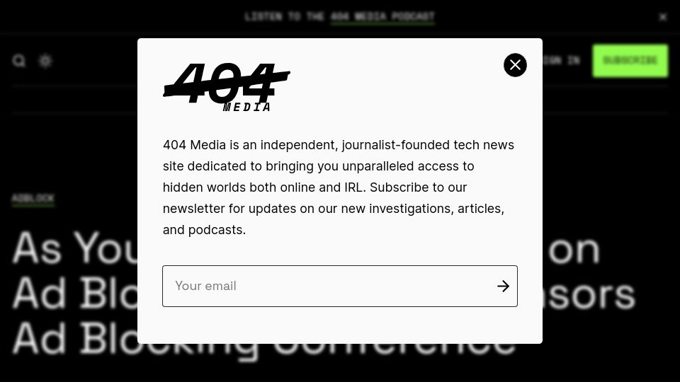 Screenshot of 404media.co: As YouTube declares war on ad blockers, Google sponsors ad blocking conference
