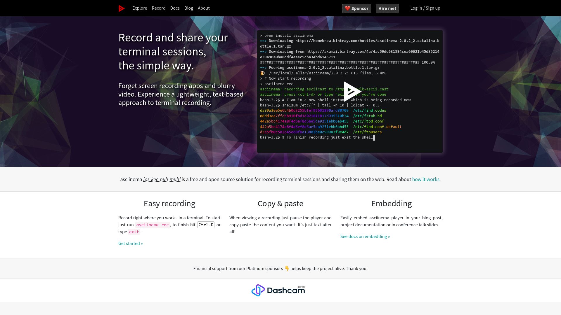 Screenshot of asciinema.org: Asciinema: Record and share your terminal sessions, the simple way