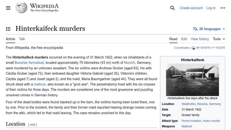 Screenshot of en.wikipedia.org: Hinterkaifeck Murders