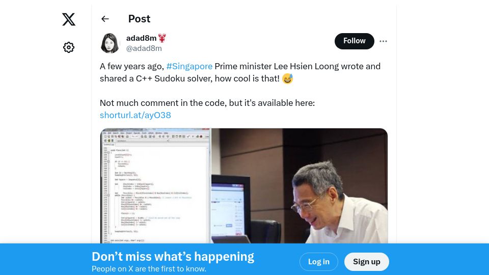 Screenshot of twitter.com: C++ Sudoku Solver by Singapore PM Lee Hsien Loong