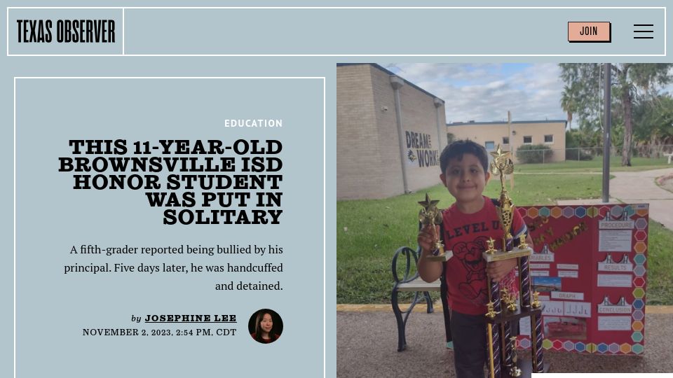 Screenshot of texasobserver.org: Eleven year old honor roll student put in solitary